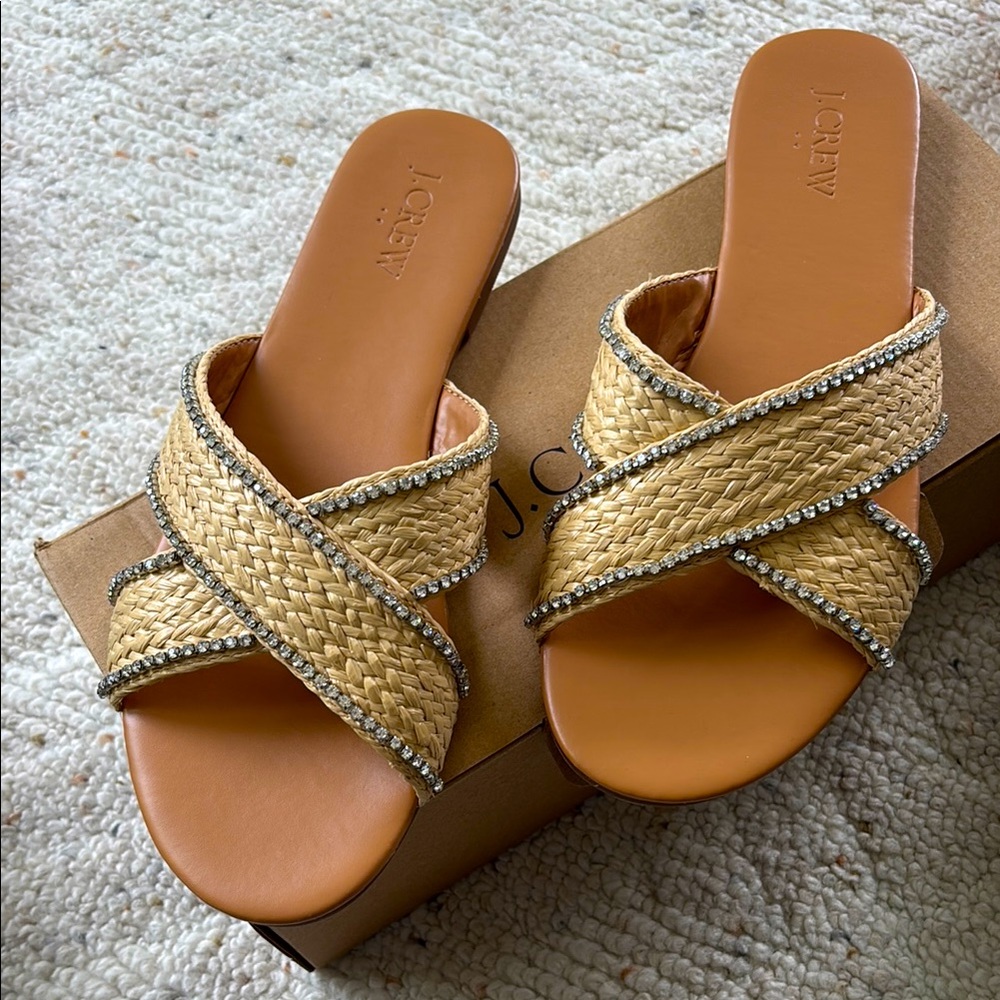 J Crew Raffia Crisscross Slide sandals Size 8.5. NWT